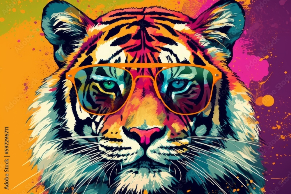 Funky Cute Tiger in Sunglasses on Colorful Pop Art Background, Generative AI
