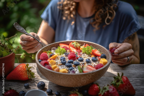 Man holding a bottle of whiskey on a wooden table with a blurred background. Generative Ai