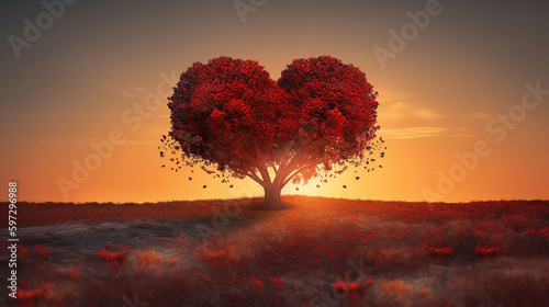 Heart Tree - Love For Nature - Red Landscape At Sunset, generative ai