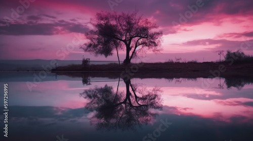 A scene in which the entire purple sky is reflected in the water. AI generative © SANGHYUN