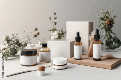 Minimalist corporate identity, and product packaging mockups for a natural cosmetics business. Generative AI