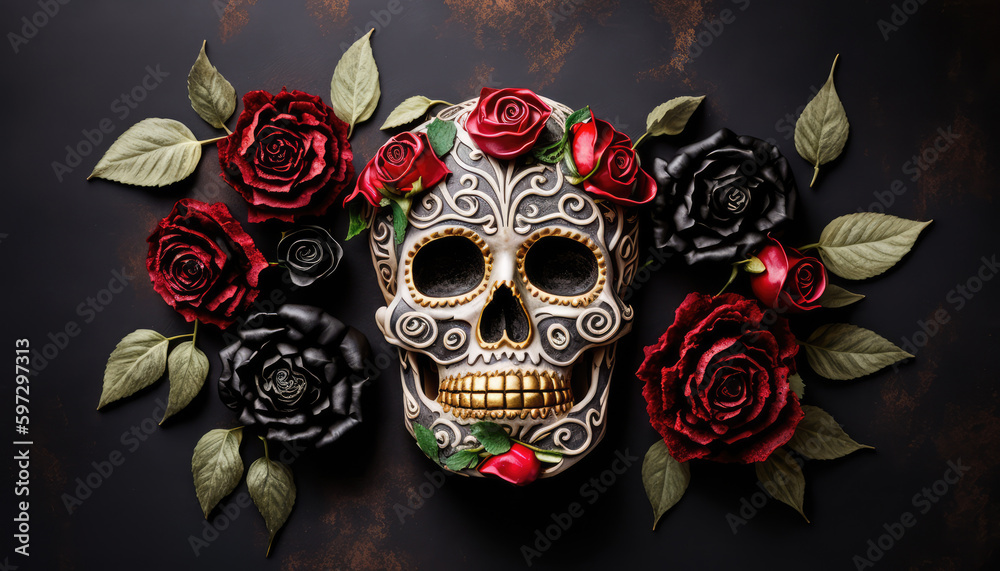 Day of the Dead Sugar Skull with red roses Generative AI