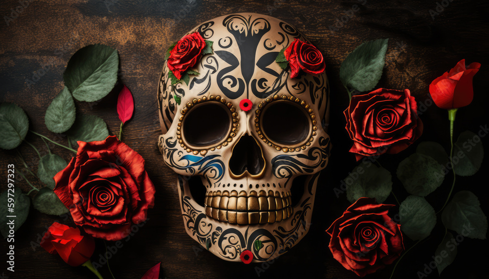 Day of the Dead Sugar Skull with red roses Generative AI