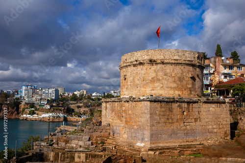 Hidirlik Tower in the old town of Antalya, Turkey. Ancient architecture. photo