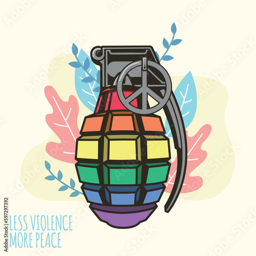 Isolated grenade with pride colors surrounded by leaves Peace concept Vector