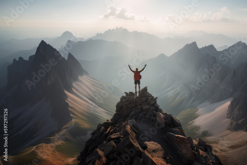 A man standing on top of a mountain, celebrating his achievement with arms raised up to the sky.. Generative Ai © Golib Tolibov