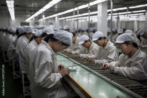 Rows of workers in factory. Generative AI