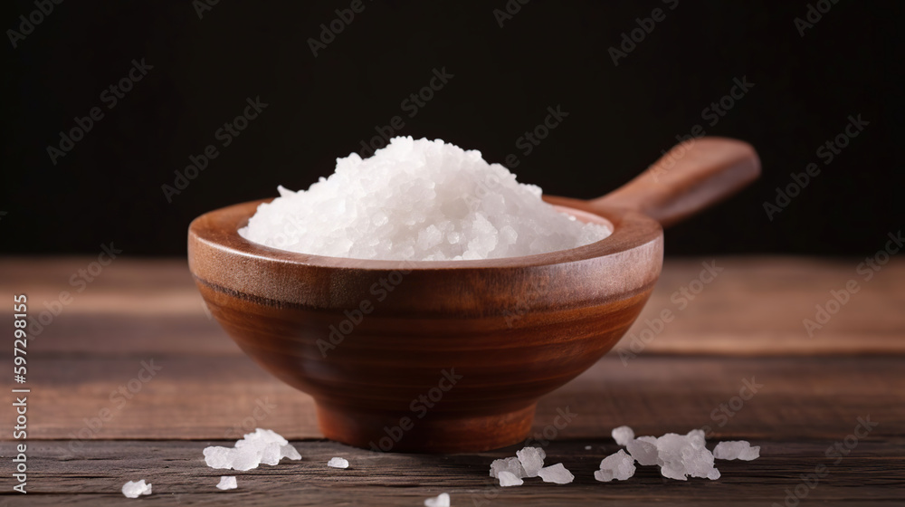 Natural Texture and Flavor: A Bowl of Sea Salt on a Colored Wooden Background, generative ai Natural Texture and Flavor: A Bowl of Sea Salt on a Colored Wooden Background, generative ai