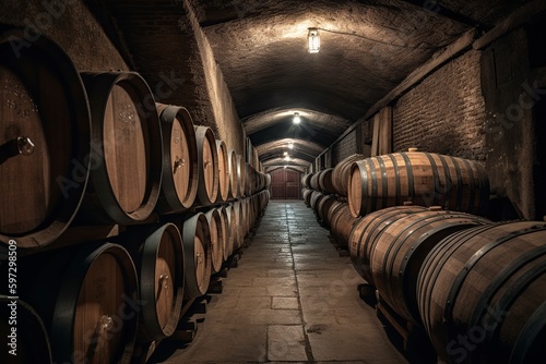 illustration  cellar with wine barrels  ai generative.