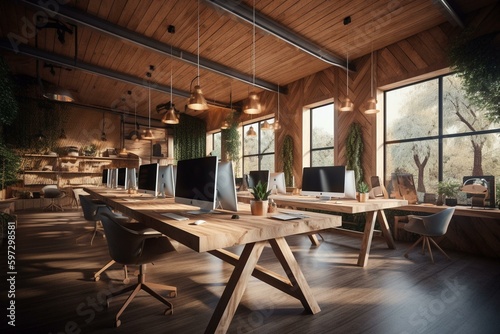 Contemporary timber shared workspace with vista, fixtures, and mirroring. 3D illustration. Generative AI
