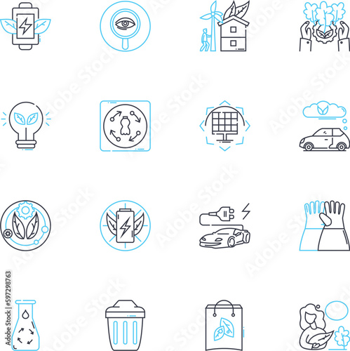 Bioengineering solutions linear icons set. Biomechanics, Biomaterials, Biophysics, Bioreactors, Biocatalysis, Biocompatibility, Biosynthesis line vector and concept signs. Bioprocessing