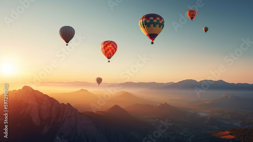 Colorful hot air balloons flying above high mountain at beautiful sunrise, generative ai