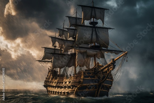 Pirate ship firing at dramatic clouds with a heraldic design. Generative AI