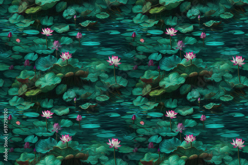 Turquoise Lotus Pond, tile pattern , generative ai photo