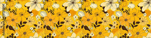 Yellow floral pattern banner. Bright flowers flat lay. AI generative art © virginna