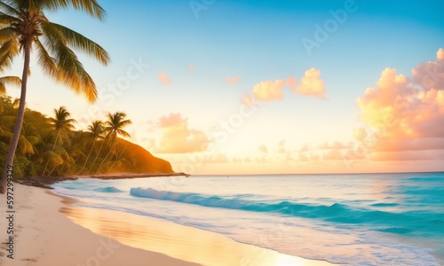 Beach in Caribbean island at sunset  Generative AI 