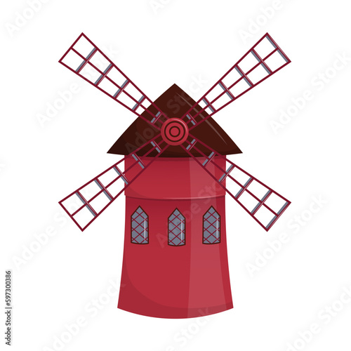 French landmark - red windmill in Paris. Cabaret Moulin. Flat vector illustration. Isolated on white background.