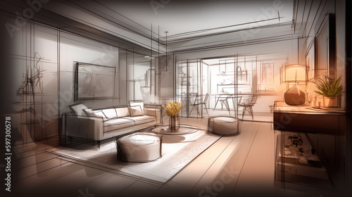 Abstract sketch design of interior living. Generative AI