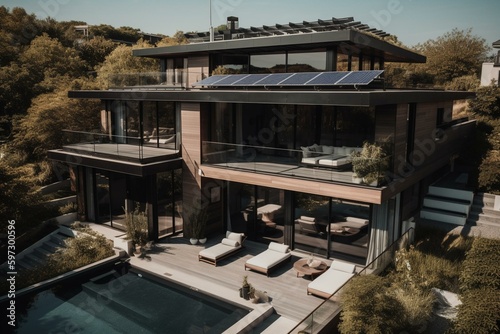 Luxury modern house with rooftop solar panels. Generative AI © Miriam