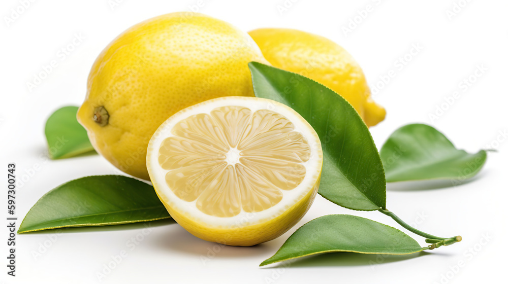 Lemon fruit with leaf isolate. Lemon whole, half, slice, leaves on white. Lemon slices with zest isolated. Generative Ai Lemon fruit with leaf isolate. Lemon whole, half, slice, leaves on white. Lemon slices with zest isolated. Generative Ai
