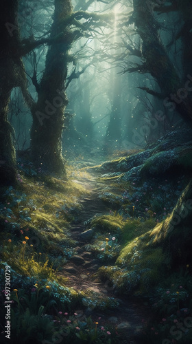 Glade in a cinematic magical forest. AI generative