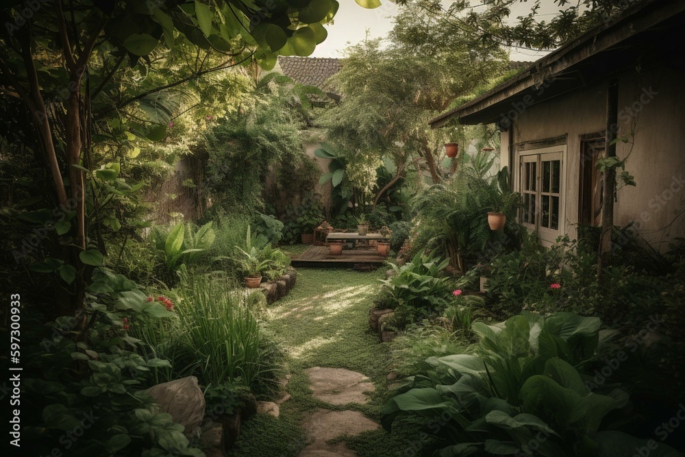 A backyard with lush greenery and a well-tended garden. Generative AI