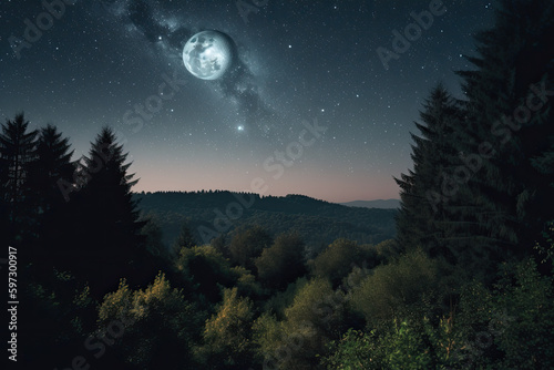 A starry night sky with a full moon above the trees and mountains, taken from an overlook point on a clear day.. Generative Ai © Golib Tolibov