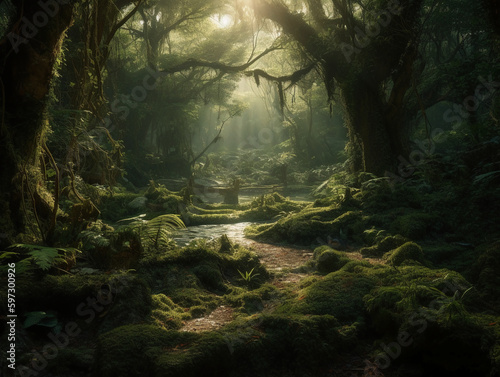 Glade in a cinematic magical forest. AI generative © SANGHYUN