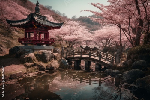 Scenic spring scenery of Japanese cherry blossoms  ancient shrines with flowing water -6. Generative AI