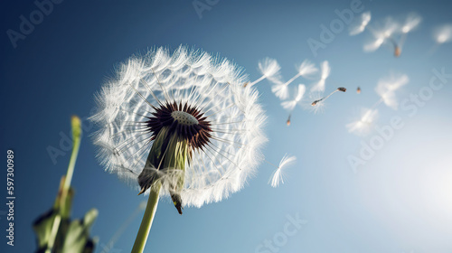 Dandelion with seeds blowing away in the wind across a clear blue sky, generative ai