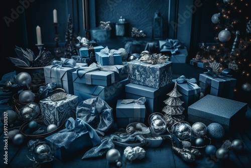 Many blue gifts for Christmas. Generative AI