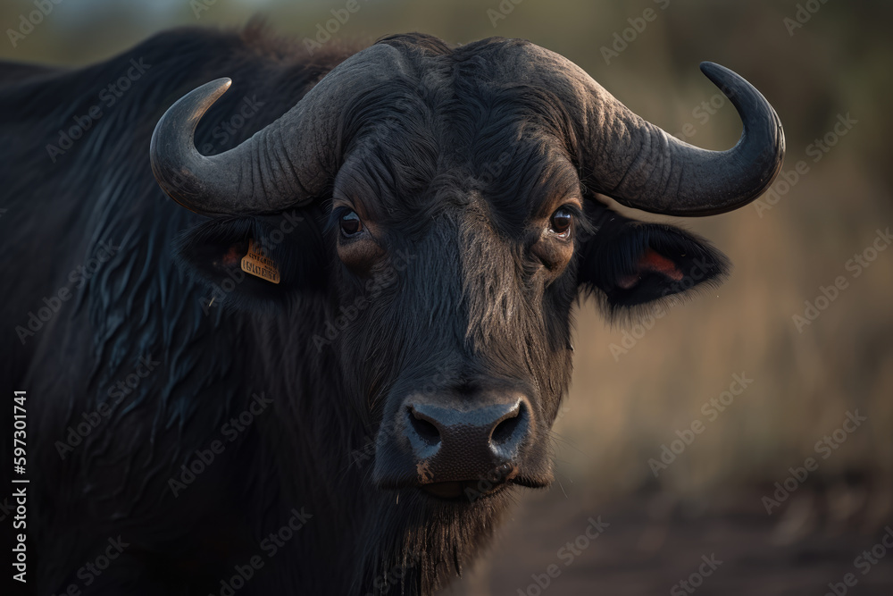 Naklejka premium buffalo looking at camera, beautiful background, ai generated.