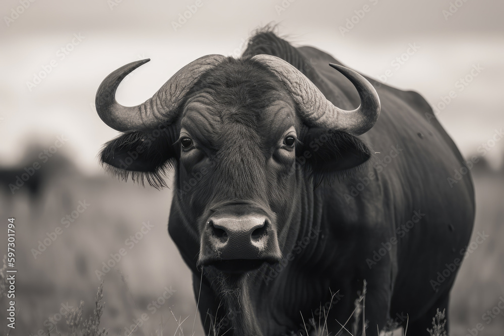 buffalo looking at camera in black and white, beautiful background, ai generated. buffalo looking at camera in black and white, beautiful background, ai generated.