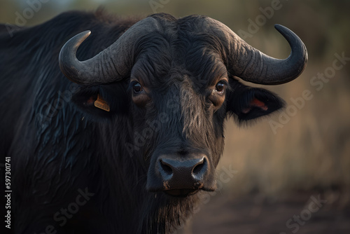 buffalo looking at camera, beautiful background, ai generated.