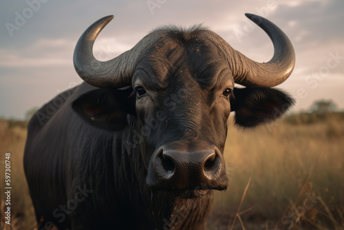 buffalo looking at camera, beautiful background, ai generated.