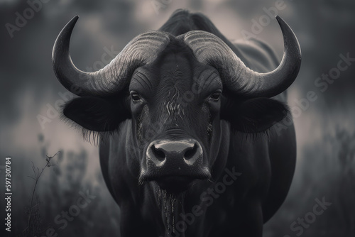 buffalo looking at camera in black and white, beautiful background, ai generated.