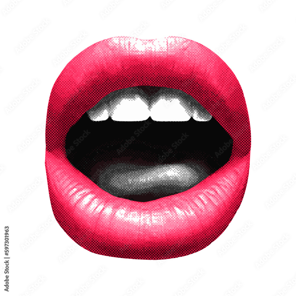 red lips isolated mouth with tongue teeth in retro halftone texture vintage  dotted pop art style collage elements for mixed media design grunge punk  crazy templates Stock Vector | Adobe Stock
