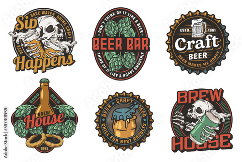 Beer set of brew emblems or craft beer logos with beer cap, can, hop, skeleton and bottle. Labels or prints with skull, beer glass and barly for bar, pub or brewery shop