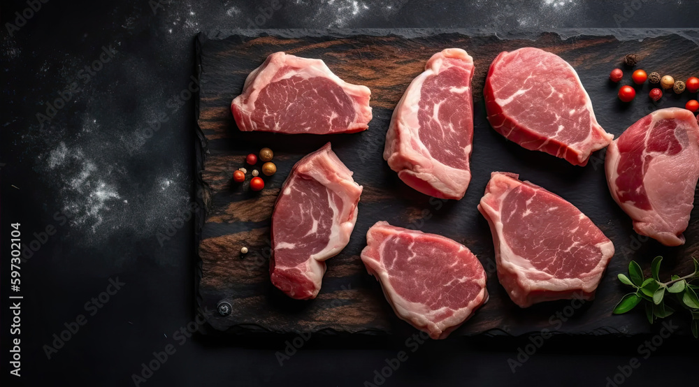 Big Slate Background with Pork on the One Site, the Other Bottom Right.