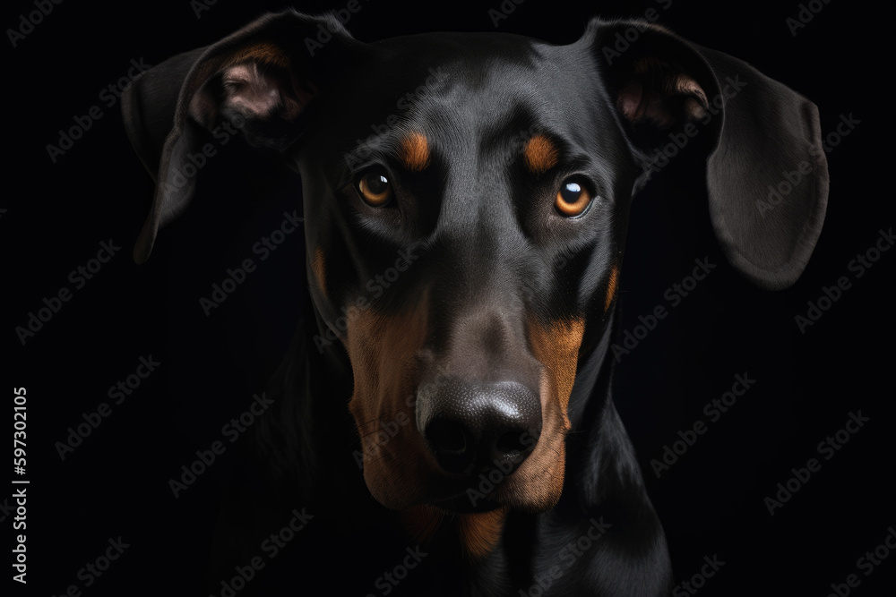 doberman with standing ears looking at the camera, beautiful background, black background, ai generated. doberman with standing ears looking at the camera, beautiful background, black background, ai generated.