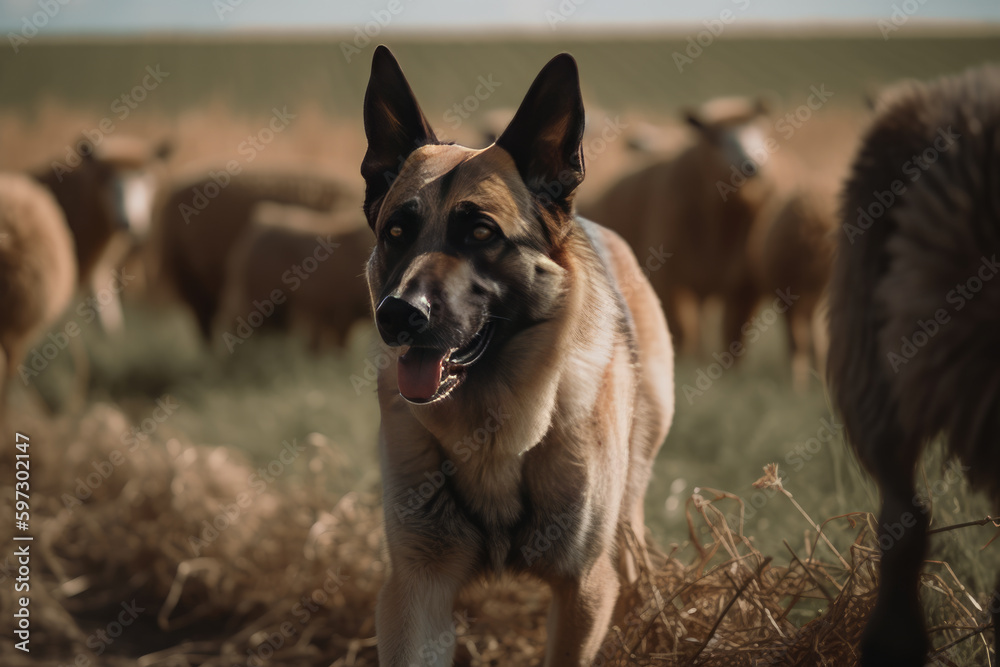 German shepherd dogs running after sheep in a beautiful field, ai generated.