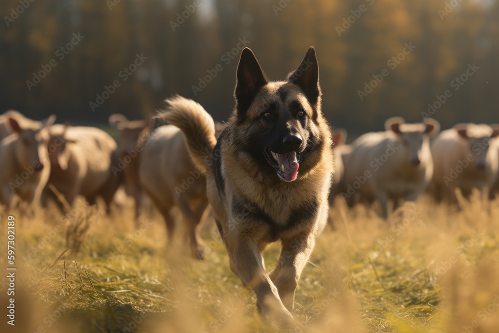 German shepherd dogs running after sheep in a beautiful field, ai generated.