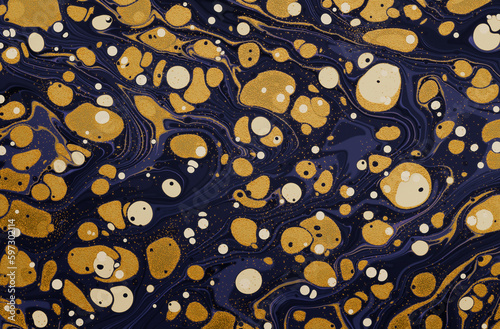 A deep blue, white, and metallic gold glitter inkscape or ink marbling background image .