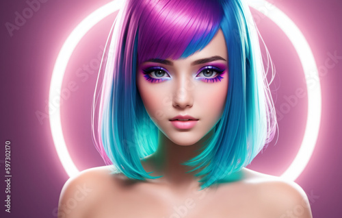 Portrait of a beautiful girl with a bright hairstyle in neon light. Generative AI.