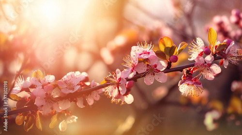 Spring blossom background. Beautiful nature scene with blooming tree and sun flare. Sunny day. Spring flowers. Beautiful Orchard. Abstract blurred background, generative ai