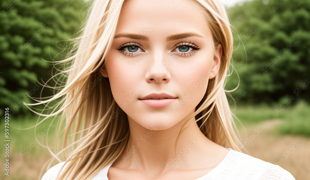 Portrait of a beautiful blonde girl in the park. Generative AI. Portrait of a beautiful blonde girl in the park. Generative AI.