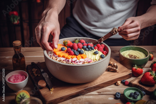 Someone preparing a colorful and nutritious smoothie bowl with berries, strawberries, and other fruits on a wooden cutting board. Generative Ai