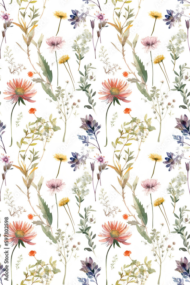 Wildflower, Bundle, Isolated, Watercolor, White Background, Pastel Colors, Tile, Pattern, generative ai