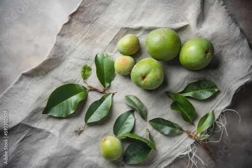 pile of fresh green apples on a cloth. Generative AI
