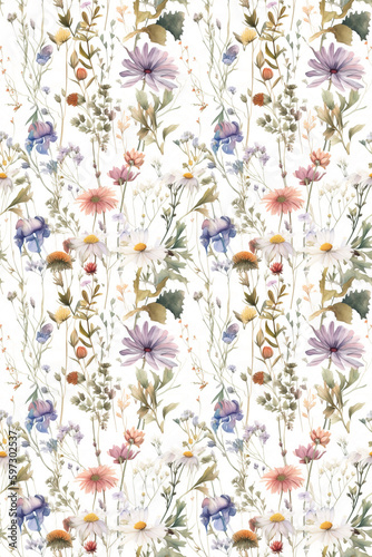 Wildflower, Bundle, Isolated, Watercolor, White Background, Pastel Colors, Tile, Pattern, generative ai